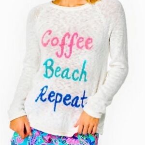 Lilly Pulitzer White Sweater with Pink, Blue, and Green Text
